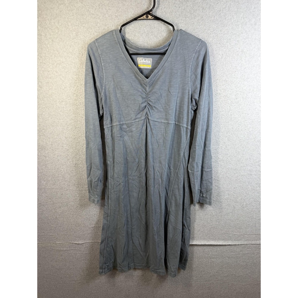Cabela's Dress Womens Medium Blue Long Sleeve Ruched V Neck Cotton Fit Flare